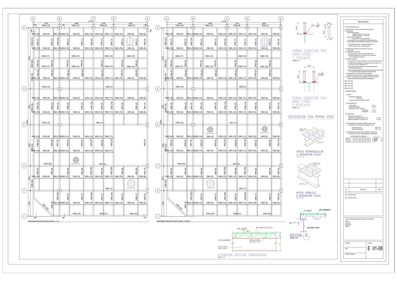 Lámina E 01-08: distribución de planta de entrepiso y detalle de losa colaborante — DG Ingeniería
