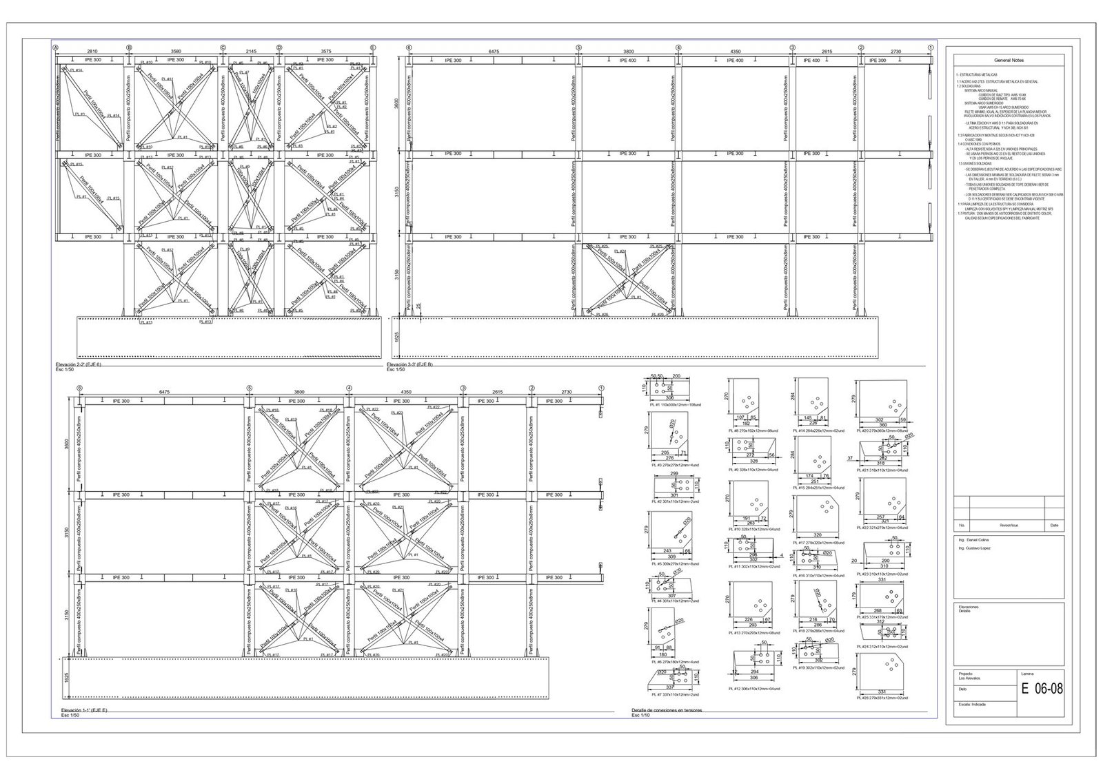 Lámina E 06-08: elevaciones con arriostramientos y detalle de planchas de conexión — DG Ingeniería