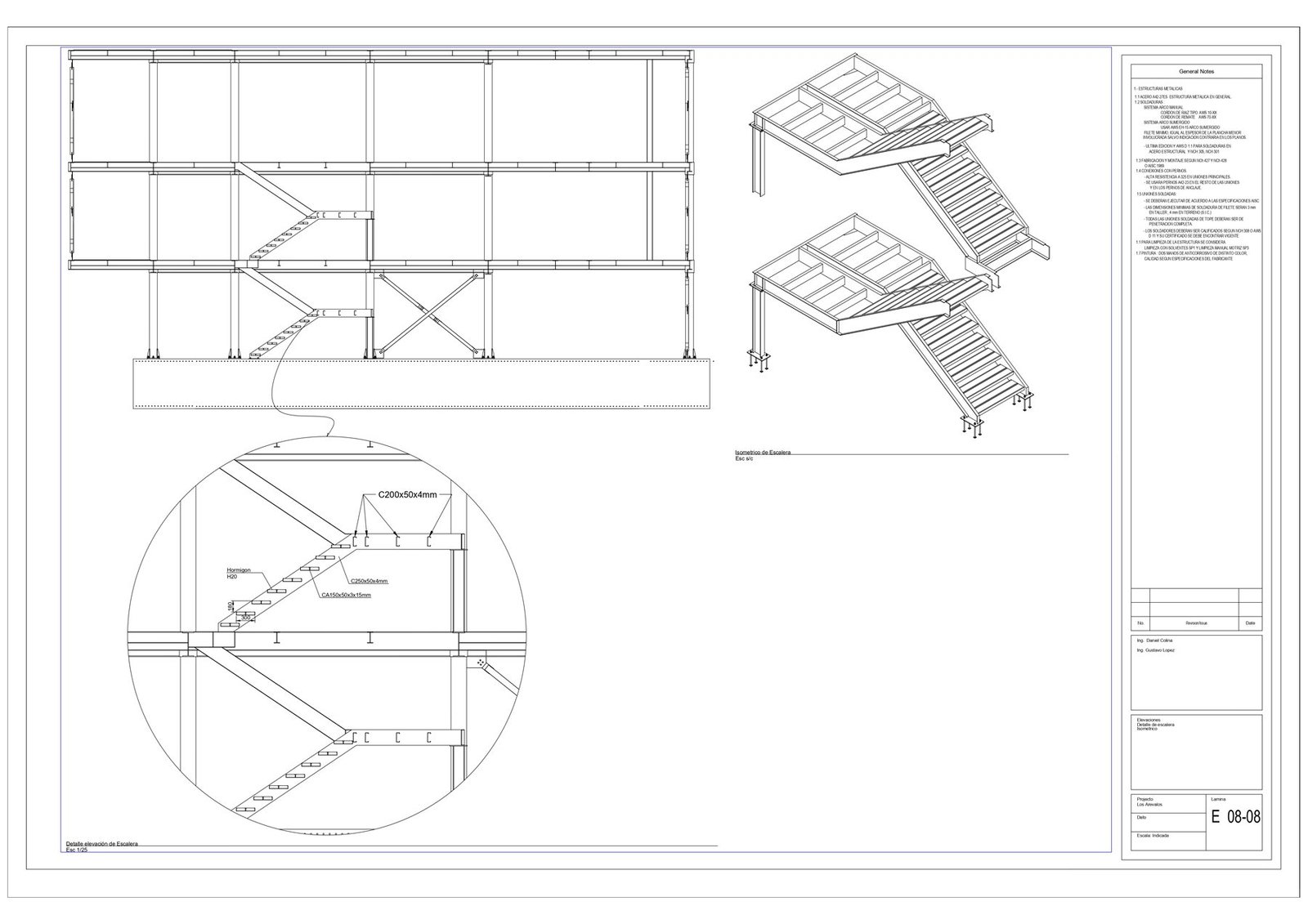 Lámina E 08-08: elevación, isométrico y detalle de escalera metálica — DG Ingeniería