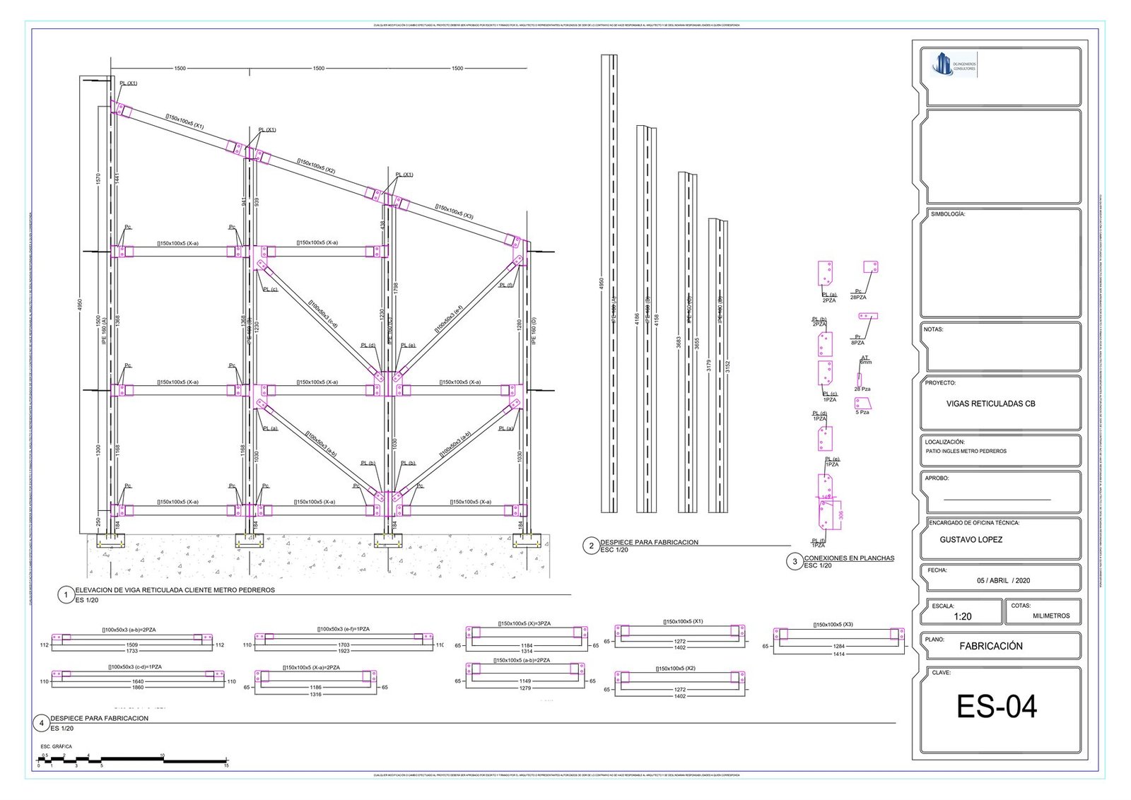 Lámina ES-04: elevación de viga reticulada y despiece para fabricación — DG Ingeniería
