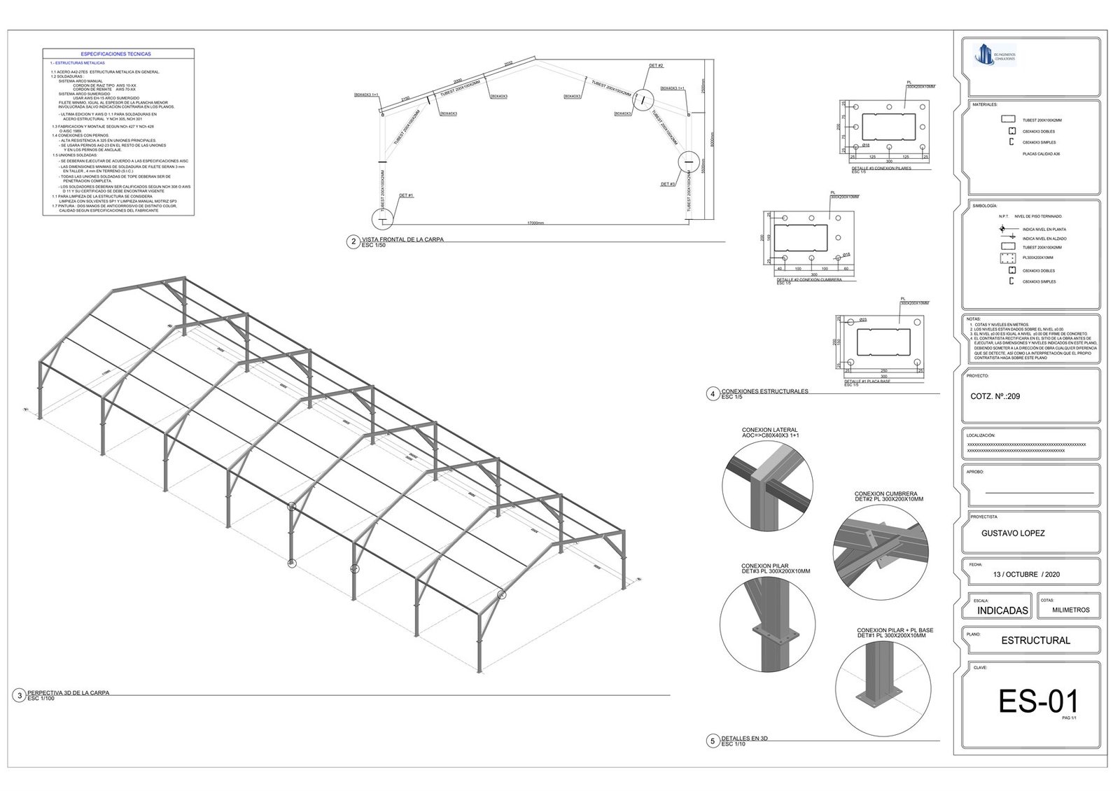 Lámina estructural ES-01: perspectiva 3D de nave, vista frontal y detalles de conexión — DG Ingeniería