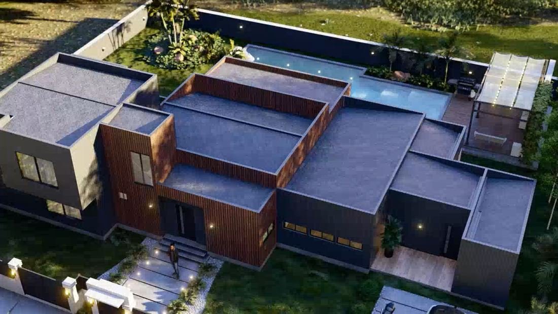 Vista aérea de vivienda con piscina al atardecer — DG Ingeniería